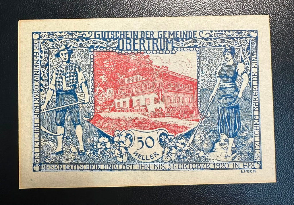 שטר חירום (נוטגלד) אוסטרי כפרי – 50 הלר, אוברטרום (1920) | פריט פולקלור וינטג Authentic Austrian Notgeld Banknote – 50 Heller, Obertrum (1920) | Vintage Rural Folklore Collectible