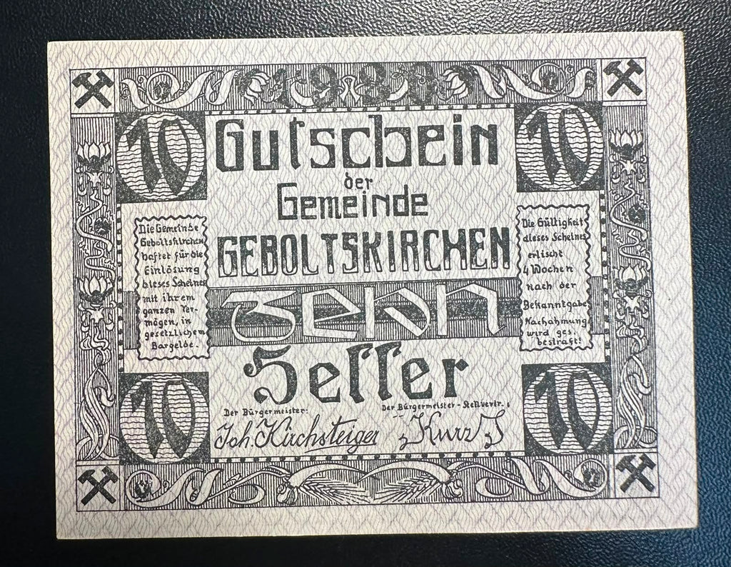 שטר חירום (נוטגלד) אוסטרי – 10 הלר, גבולטסקירכן (1920) | פריט היסטורי עם מסר לשלום Authentic Austrian Notgeld Banknote – 10 Heller, Geboltskirchen (1920) | Pacifist & Agricultural Collectible