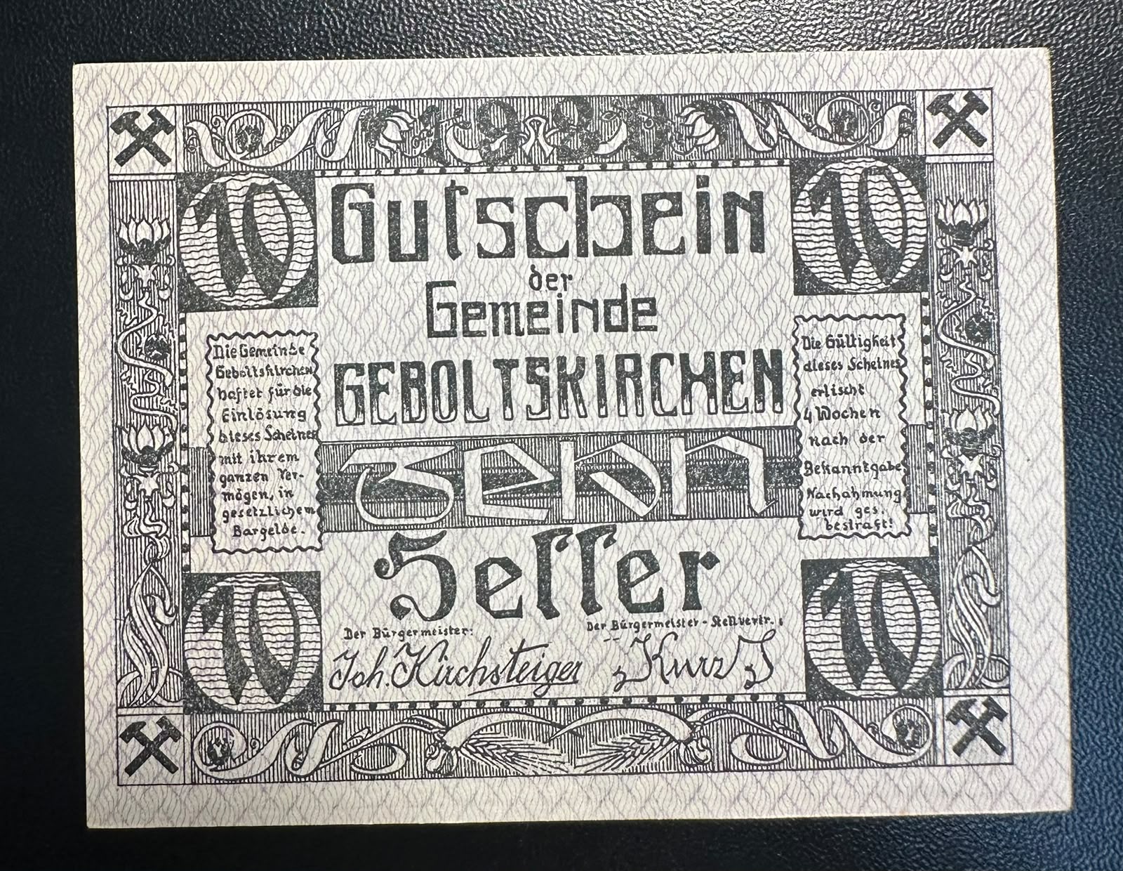 שטר חירום (נוטגלד) אוסטרי – 10 הלר, גבולטסקירכן (1920) | פריט היסטורי עם מסר לשלום Authentic Austrian Notgeld Banknote – 10 Heller, Geboltskirchen (1920) | Pacifist & Agricultural Collectible
