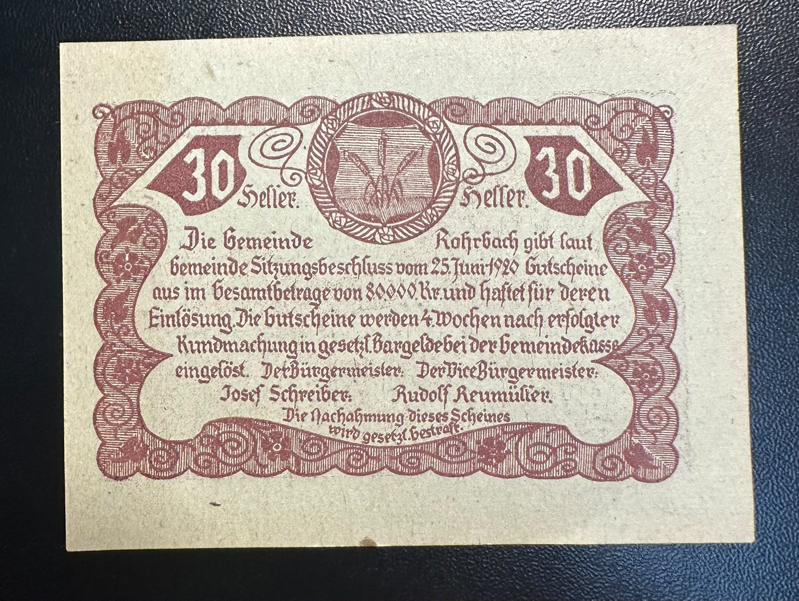 שטר חירום (נוטגלד) אוסטרי קלאסי – 30 הלר, רורבאך (1920) | פריט אספנות מקורי Authentic Austrian Notgeld Banknote – 30 Heller, Rohrbach (1920) | Vintage Collectible
