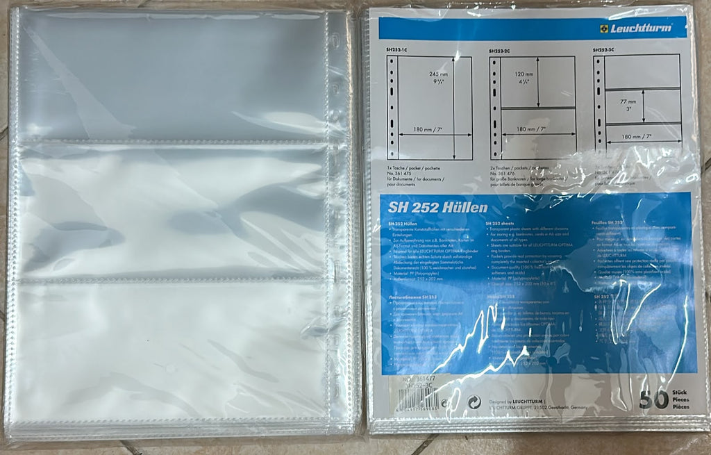 חבילה של 50 דפי שלישיות לשטרות שקוף Optima Easy plastic sheets with 3 horizontal pockets, PP, clear, pack of 50