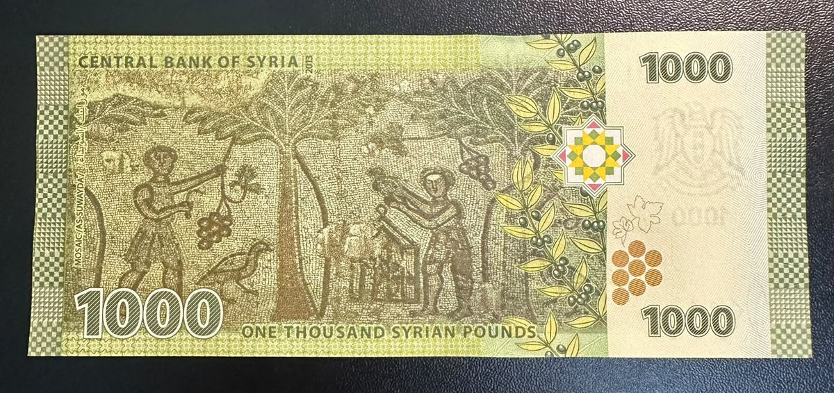 שטר סוריה 1000 לירות, 2013, תיאטרון בוסרה ופסיפס א-סווידא, מצב חדש UNC | Syria 1000 Pounds Banknote, 2013, Bosra Amphitheater & As-Suwayda Mosaic, UNC Condition