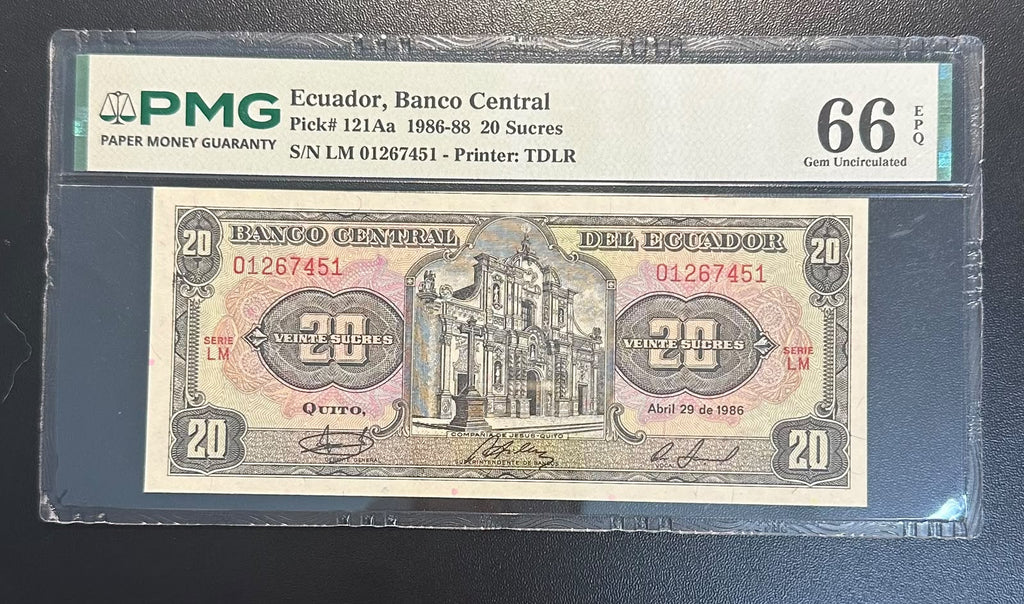 כותרת: שטר אקוודור 20 סוקרה 1986 מדורג | Ecuador 20 Sucres 1986 PMG 66 EPQ