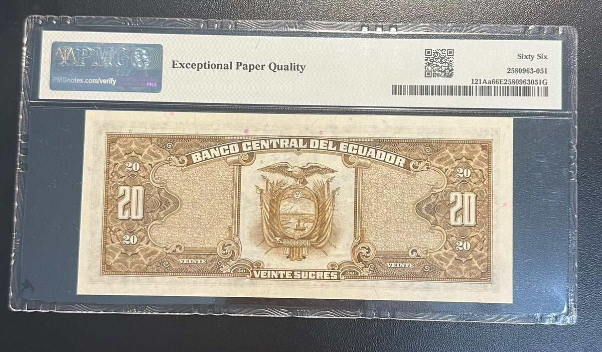 כותרת: שטר אקוודור 20 סוקרה 1986 מדורג | Ecuador 20 Sucres 1986 PMG 66 EPQ