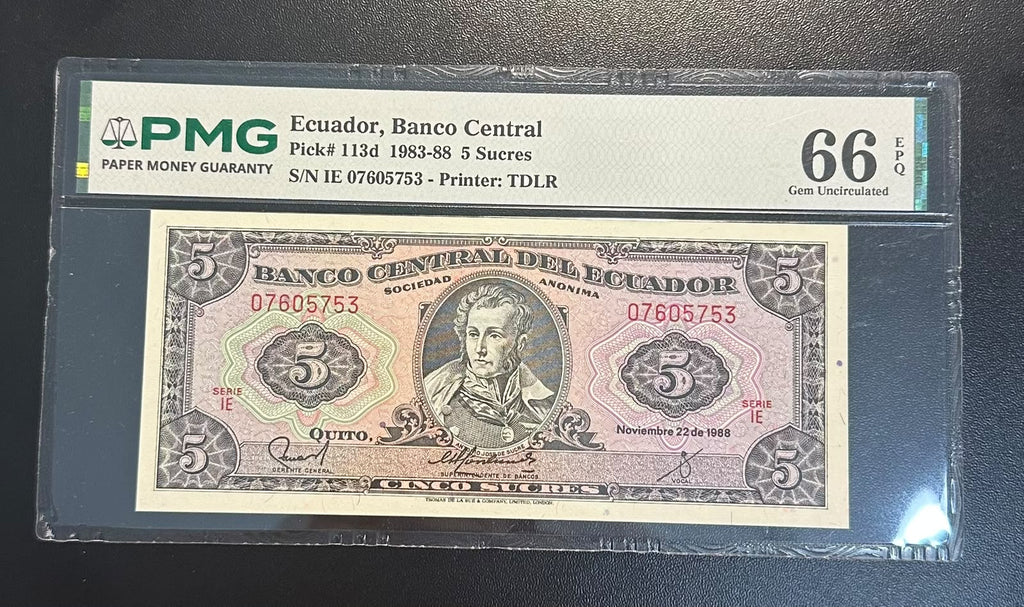 שטר אקוודור 5 סוקרה 1988 מדורג | Ecuador 5 Sucres 1988 PMG 66 EPQ