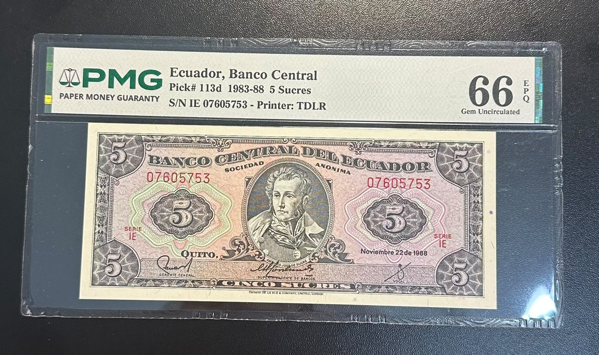 שטר אקוודור 5 סוקרה 1988 מדורג | Ecuador 5 Sucres 1988 PMG 66 EPQ