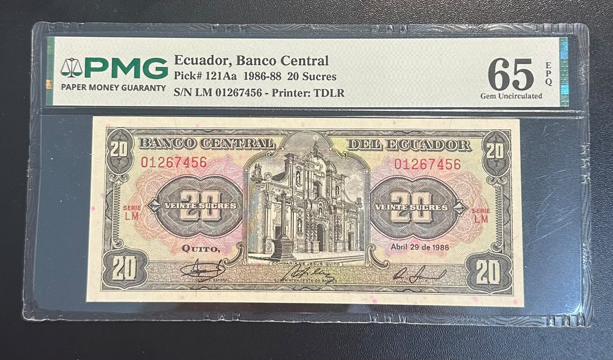 שטר אקוודור 20 סוקרה 1986 מדורג | Ecuador 20 Sucres 1986 PMG 65 EPQ