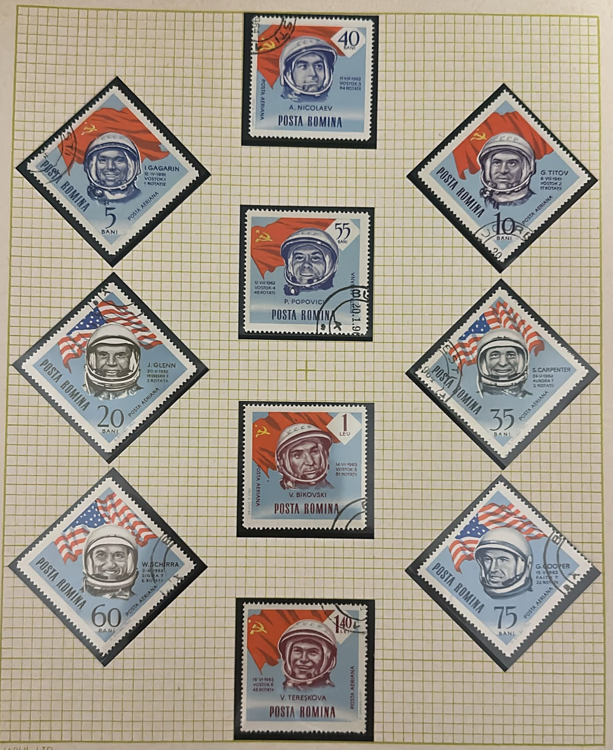 רומניה 1964 – סדרה מלאה 10 בולי חלל, אסטרונאוטים וקוסמונאוטים ארה״ב–בריה״מ | Romania 1964 Complete Set of 10 Space Stamps – USA & USSR Astronauts and Cosmonauts