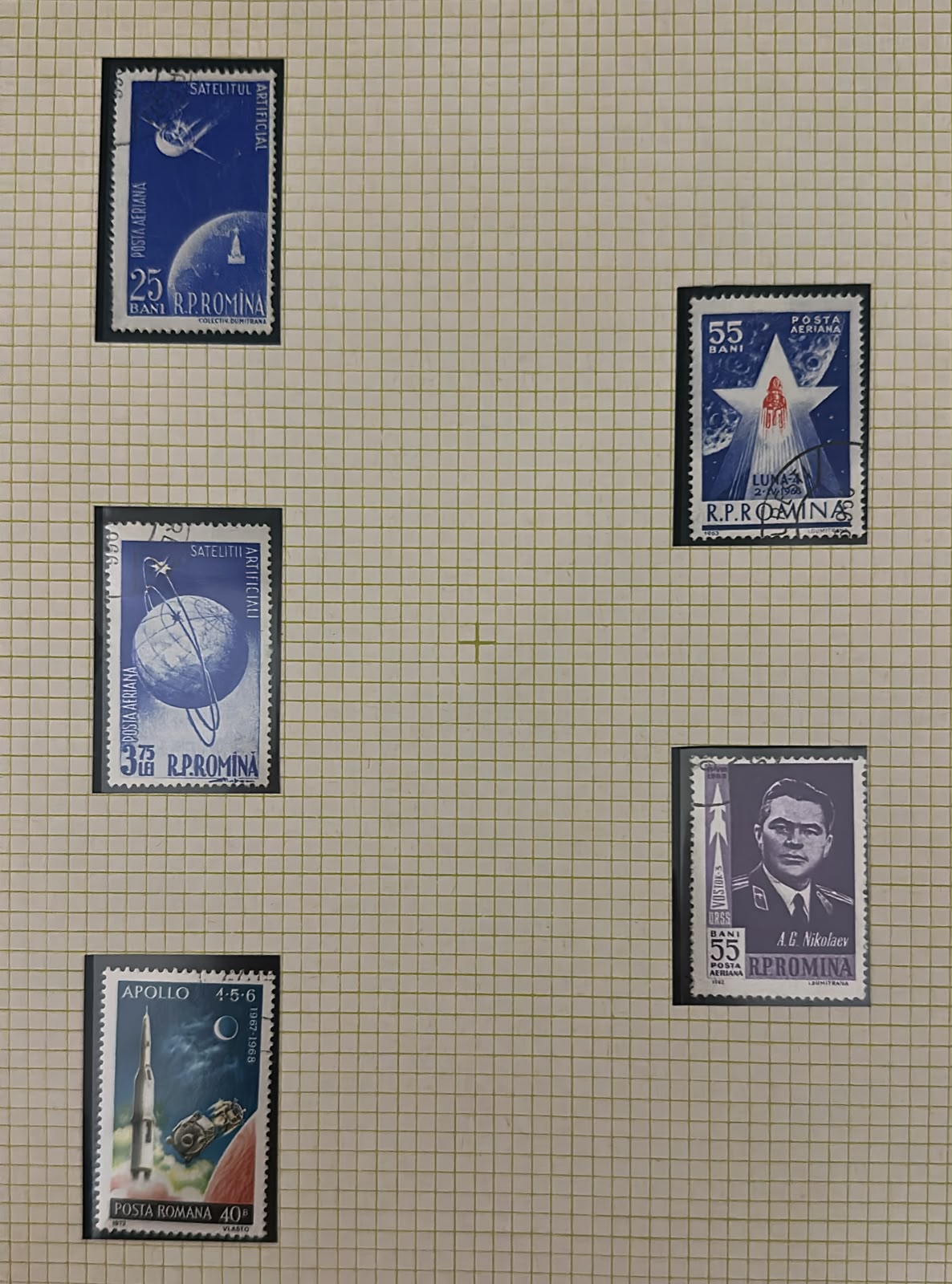 רומניה 1957–1972 – לוט 5 בולי חלל, Sputnik, Luna 2, Vostok ו-Apollo | Romania 1957–1972 – Lot of 5 Space Stamps – Sputnik, Luna 2, Vostok & Apollo