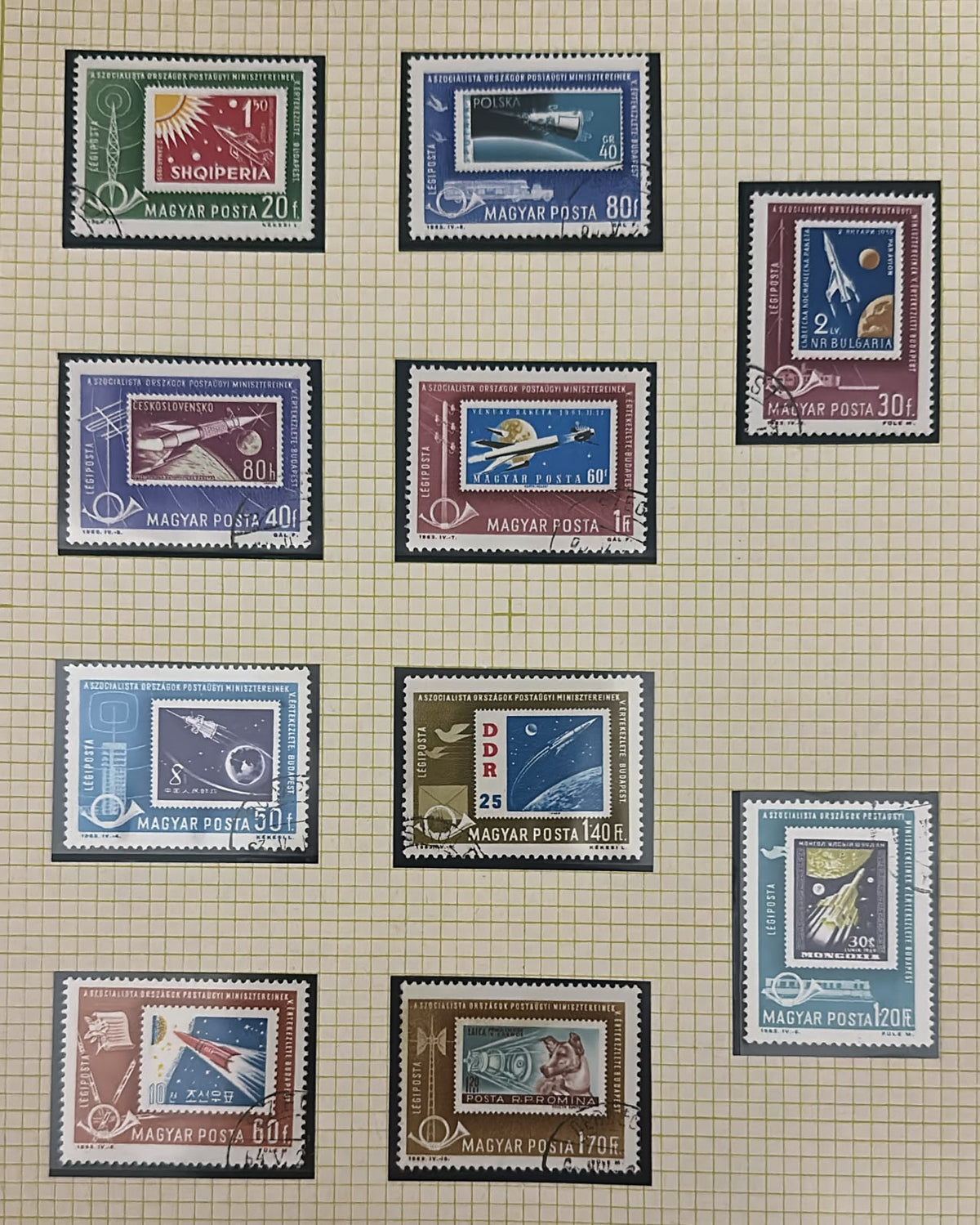 הונגריה 1963 – לוט 10 בולי חלל “ועידת שרי הדואר של המדינות הסוציאליסטיות” – Space on Stamps | Hungary 1963 – Lot of 10 Space Stamps – Socialist Postal Ministers Conference