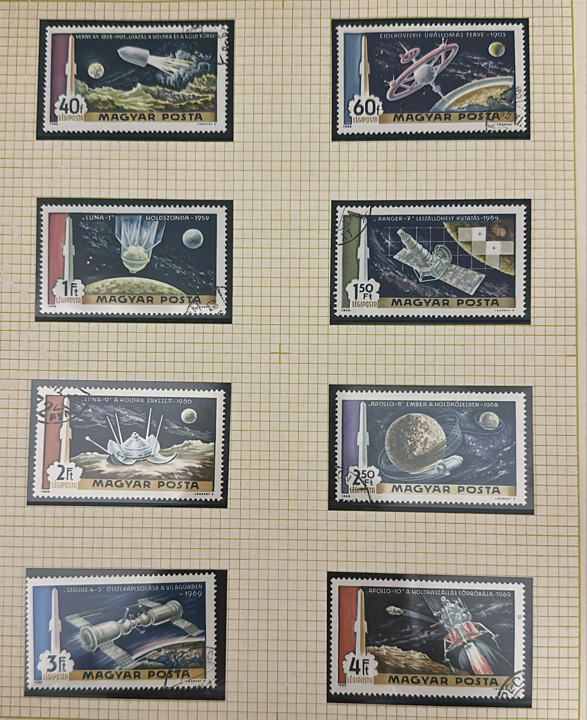 הונגריה 1969 – סדרה מלאה 8 בולי חלל “הדרך אל הירח”, Apollo, Luna, Ranger ו-Soyuz | Hungary 1969 – Complete Set of 8 Space Stamps “The Way to the Moon” – Apollo, Luna, Ranger & Soyuz