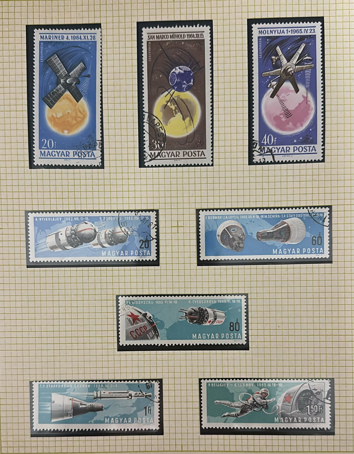 הונגריה 1965–1966 – לוט 8 בולי חלל, Mariner 4, Molniya, Gemini, Vostok ו-Leonov | Hungary 1965–1966 – Lot of 8 Space Stamps – Mariner 4, Molniya, Gemini, Vostok & Leonov