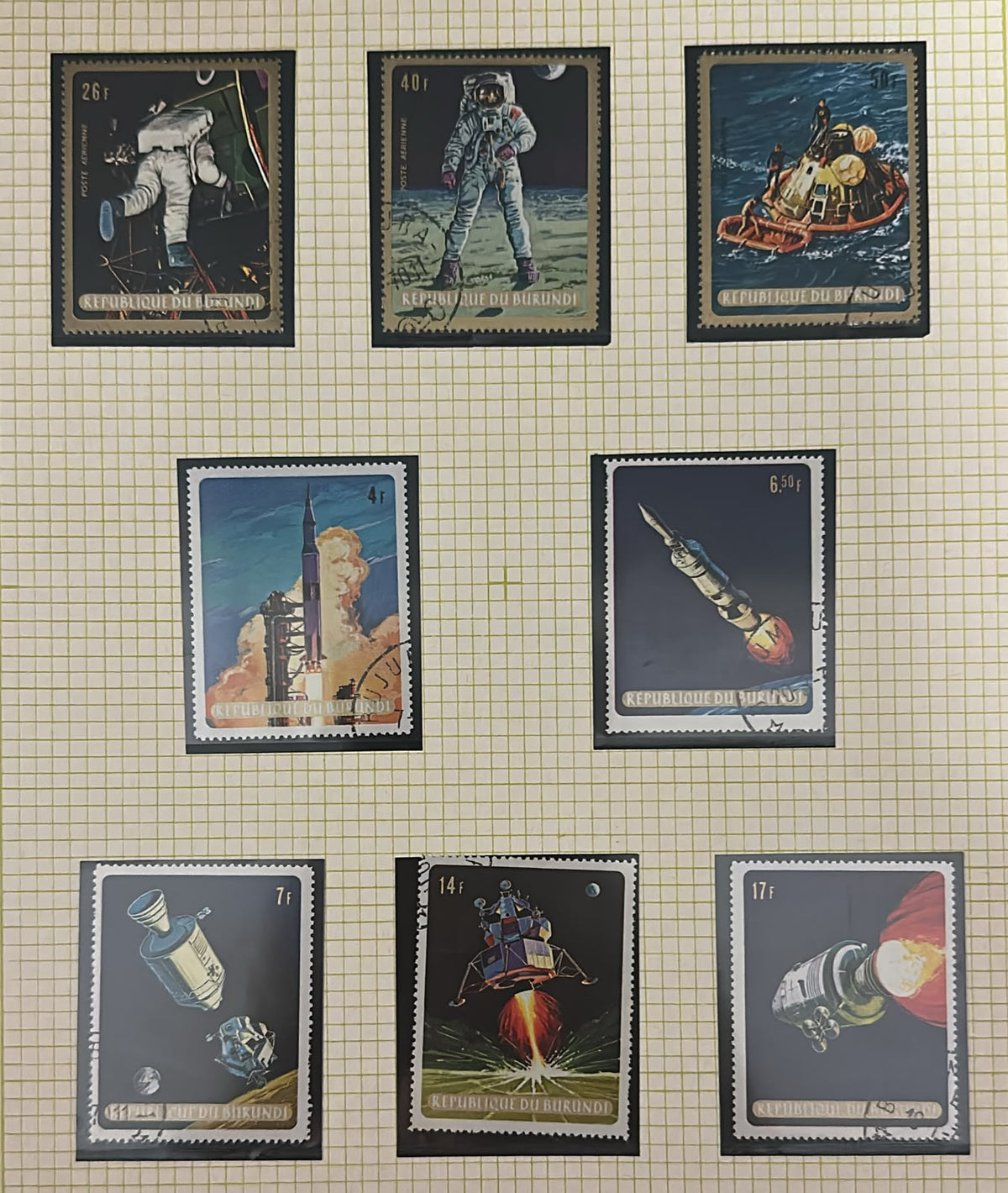 בורונדי 1969 – סדרה מלאה 8 בולי Apollo 11, הנחיתה הראשונה על הירח | Burundi 1969 – Complete Set of 8 Apollo 11 Moon Landing Stamps