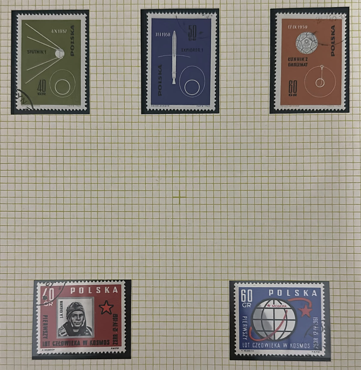 פולין 1961–1963 – לוט 5 בולי חלל, Sputnik 1, Explorer 1, Luna 2 ויורי גגארין | Poland 1961–1963 – Lot of 5 Space Stamps – Sputnik 1, Explorer 1, Luna 2 & Yuri Gagarin