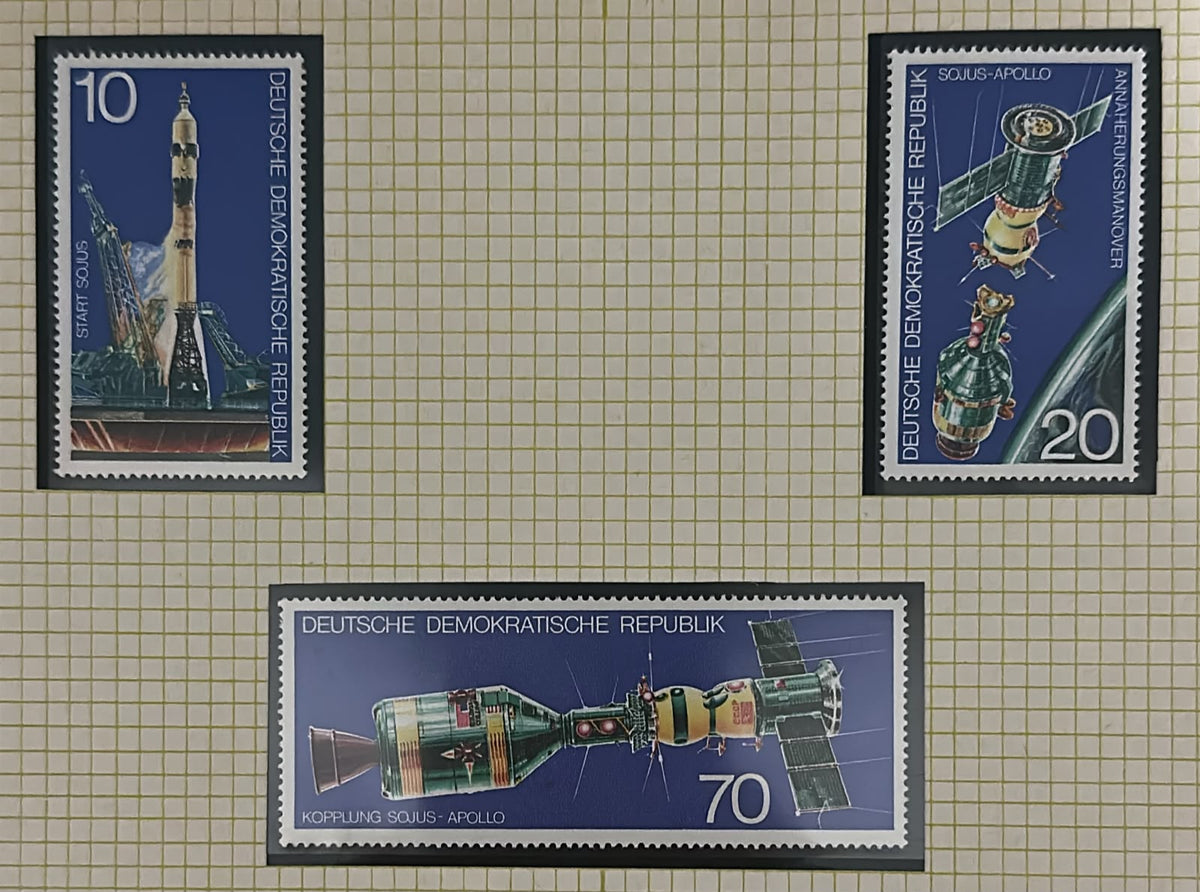 מזרח גרמניה DDR 1975 – סדרה מלאה 3 בולי חלל Soyuz–Apollo, שיתוף הפעולה ארה״ב–בריה״מ | East Germany DDR 1975 – Complete Soyuz–Apollo Space Set – 3 Stamps