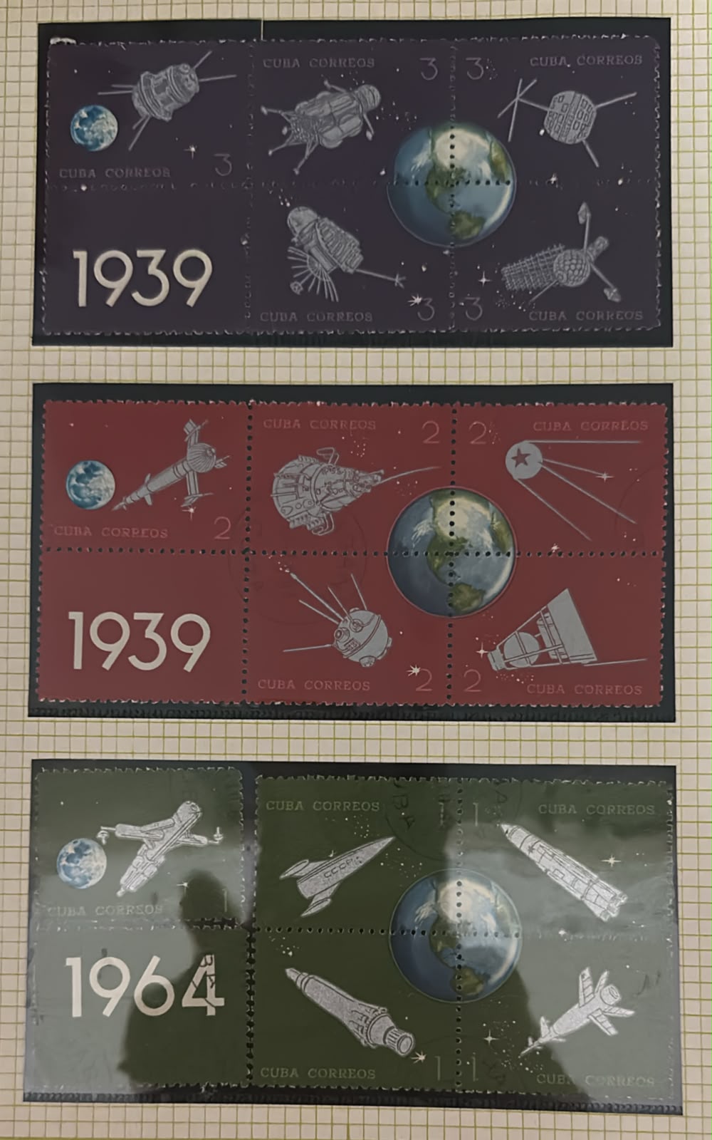 קובה 1964 – 3 גיליונות בולי חלל ורקטות, 25 שנה לניסוי דואר הרקטות הקובני, 15 בולים | Cuba 1964 – 3 Space & Rocket Stamp Panes – 25th Anniversary of Cuban Rocket Mail – 15 Stamps