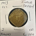 הודו הבריטית 1943 – 2 אנה Large 3, המלך ג׳ורג׳ השישי, מטבעת בומביי | British India 1943 2 Annas Large 3 – King George VI – Bombay Mint