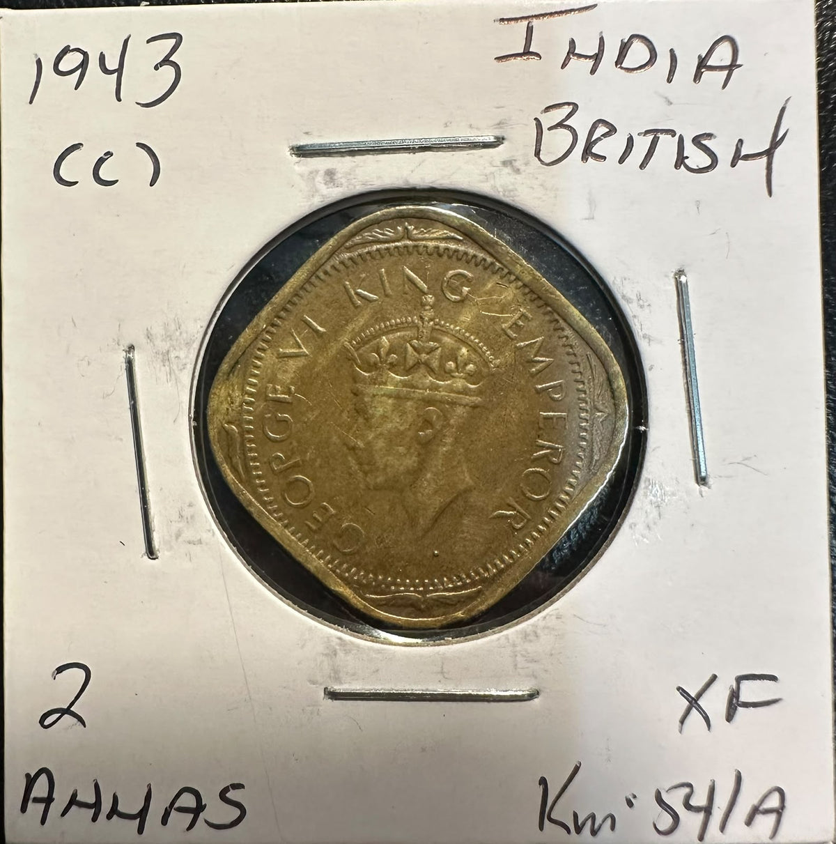 הודו הבריטית 1943 – 2 אנה Large 3, המלך ג׳ורג׳ השישי, מטבעת בומביי | British India 1943 2 Annas Large 3 – King George VI – Bombay Mint