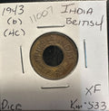 הודו הבריטית 1943 – מטבע 1 פייס עם חור מרכזי, High Crown, Bombay Mint, ג׳ורג׳ השישי | British India 1943 1 Pice – High Crown – Bombay Mint – George VI