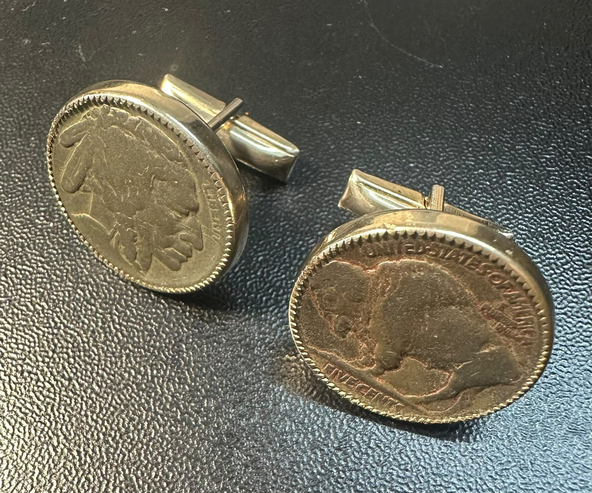 חפתים וינטג׳ ממטבעות Buffalo Nickel אמריקאיים מקוריים – Indian Head / American Bison, מנגנון PAT PEND | Vintage U.S. Buffalo Nickel Coin Cufflinks – Indian Head & American Bison – PAT PEND