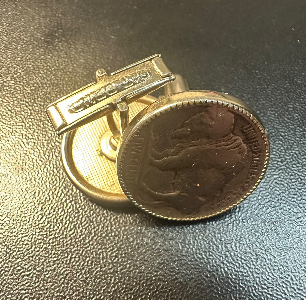 חפתים וינטג׳ ממטבעות Buffalo Nickel אמריקאיים מקוריים – Indian Head / American Bison, מנגנון PAT PEND | Vintage U.S. Buffalo Nickel Coin Cufflinks – Indian Head & American Bison – PAT PEND