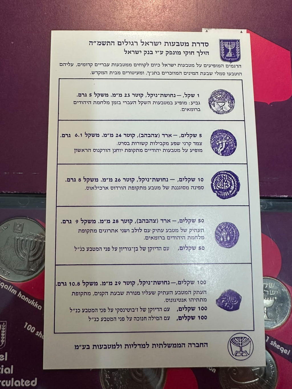 ישראל 1985 תשמ״ה – סט רשמי UNC של 8 מטבעות, כולל בן־גוריון, ז׳בוטינסקי וחנוכה | Israel 1985 Official Uncirculated 8-Coin Set – Ben-Gurion, Jabotinsky & Hanukkah