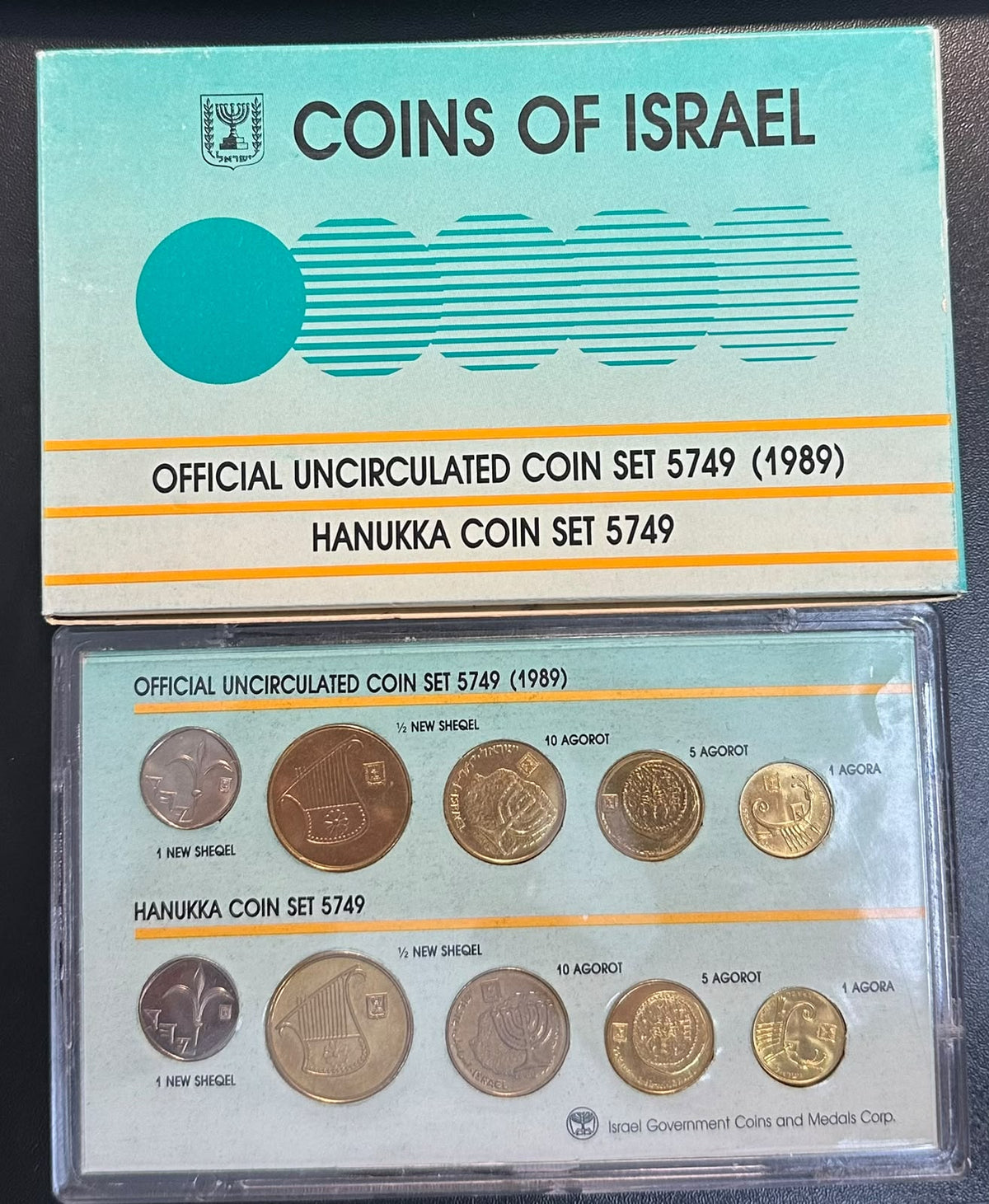 ישראל 1989 תשמ״ט – סט רשמי משולב 10 מטבעות, רגילים + חנוכה | Israel 1989 Official 10-Coin Set – Regular & Hanukka 5749